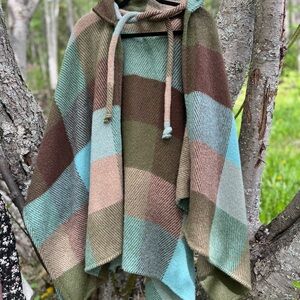 Plaid Hooded Poncho in Green and Brown